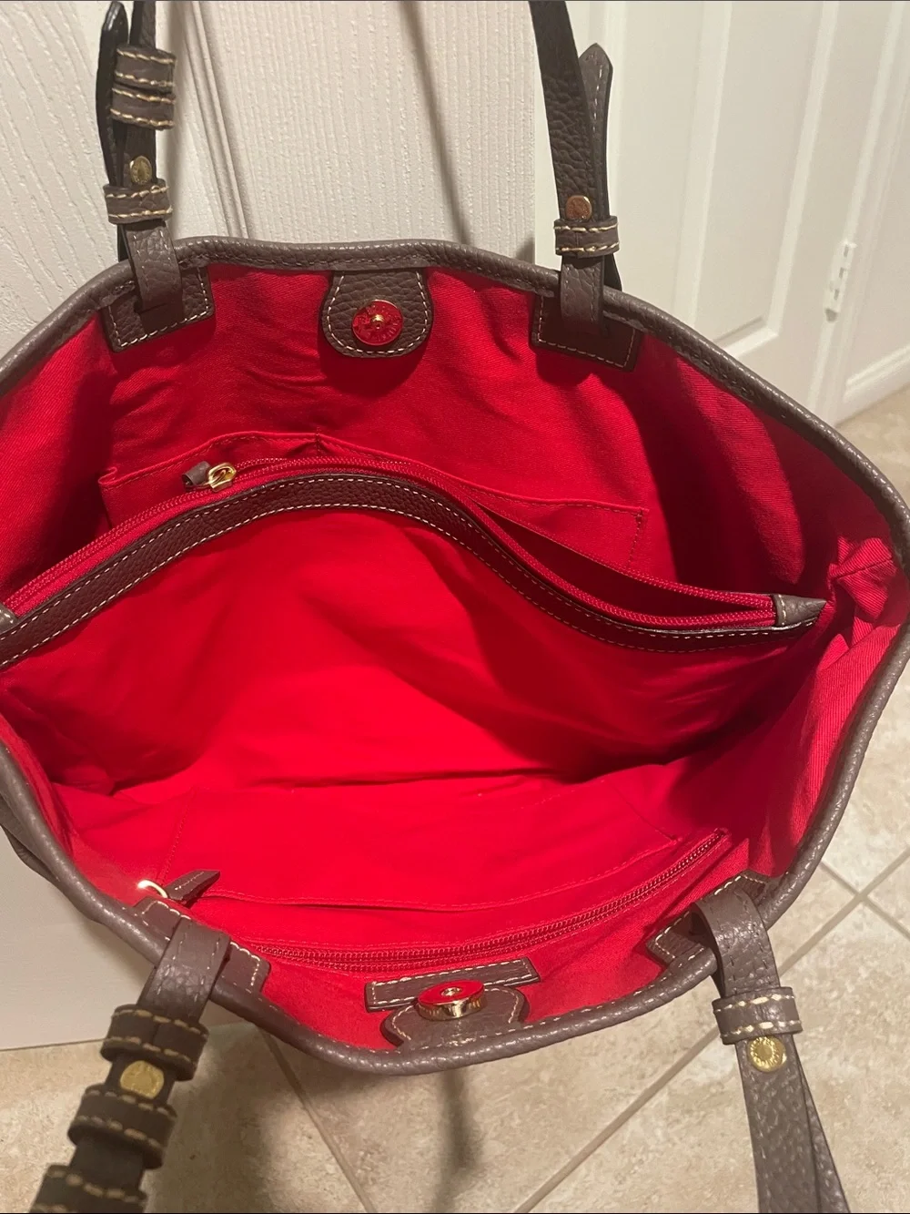Dooney & Bourke Brown Pebbled Leather Tote with Red Interior